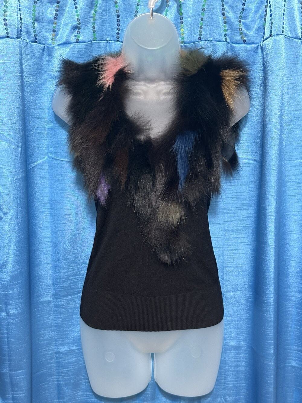 paolo santini silk Blend Sleeveless Top blouse With Dyed Rabbit Fur Trim SZ S